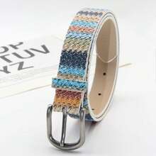 Versatile Student Korean Style Fashion Woven Pattern Decorative Buckle Belt, Shiny Bohemian PU Leather Waist Belt For Women