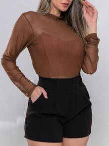 Women's Long Sleeve Tulle Blouse With High Neck Transparent Elegant - Casual Fashion And Fashion Simple Transparent None Holiday Evening All Seasons - 鏽棕色 - 查看 5