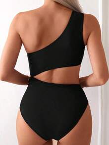 2026 Spring/Summer New Beach Vacation Sexy Slimming High-End Women's Sweet And Fragrant Style Swimming Swimsuit Cut Single Shoulder Black One-Piece Swimsuit Summer Version - 黑色 - 查看 3