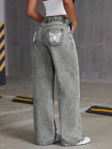Tween Girls' Loose Casual Butterfly Print Denim Wide Leg Pants - Light Grey - View 4