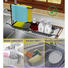 Sponge Holder For Kitchen SinkTelescopic Sink Storage Rack Kitchen Organizer Soap Brush Dispenser Expandable 14.2"17.3" Sink Caddy Organizer With Dishcloth Towel Holder(304 Stainless Steel Black) - Black - View 6