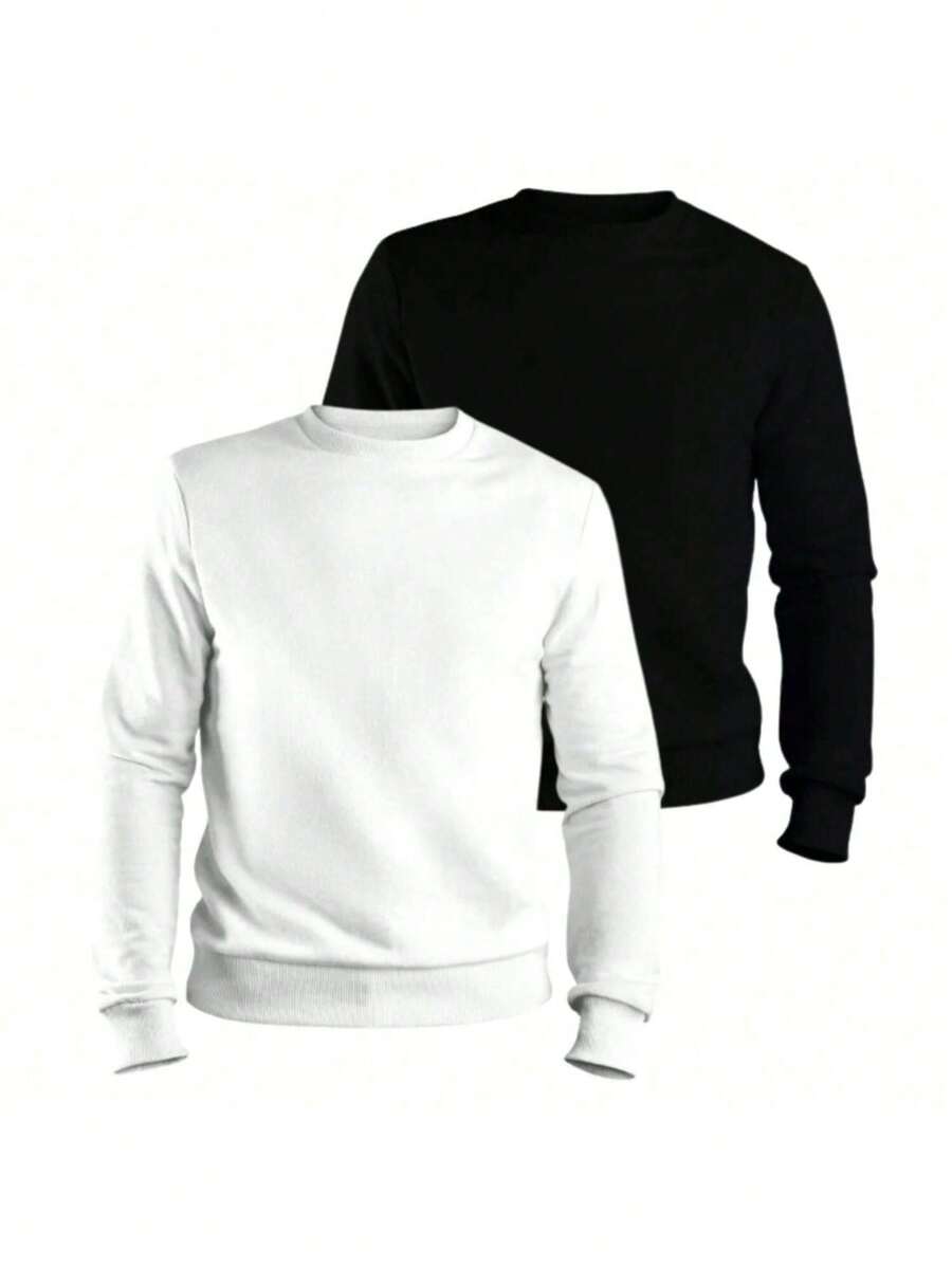 Kit 2 Men's Plain Crew Neck Sweatshirt Unisex Cotton Cold Weather Top - 黑色/白色 - 查看 1