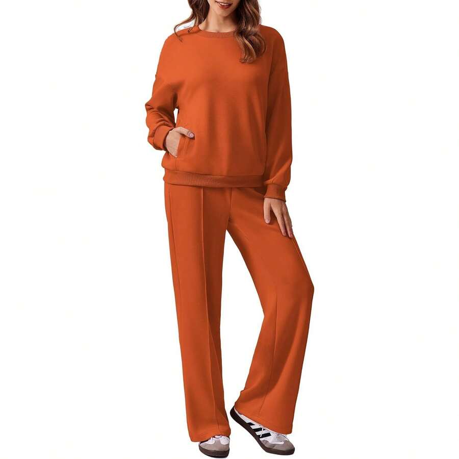 2 Piece Sets For Women Long Sleeve Sweatshirts Drawstring Straight Leg Pants Fall Travel Airport Outfits 2025 - 橘色 - 查看 1