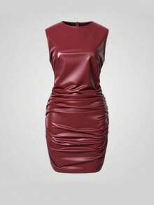 2026 Spring/Summer New PU Leather Dress | Women's Burgundy Pleated Bodycon Mini Dress | Sleeveless Elegant Silhouette | Suitable For Wedding Guests, Date Night And Fashionable Office Occasions | New Season Versatile Red Dress | Women's New Year Evening Gown