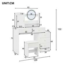 Penteadeira grande com iluminação LED ajustável (3 temperaturas de cor), tomadas integradas e espelho. Inclui um banquinho, 5 gavetas e um compartimento na porta. Cor: branco. Dimensões (L x A x P): 90 x 132 x 40 cm.