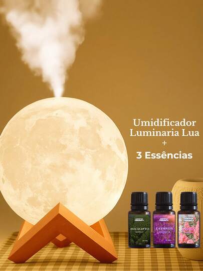 Umidificador e Luminaria +3 Essências Lua 3d Ultrassônico Usb Difusor Luminária