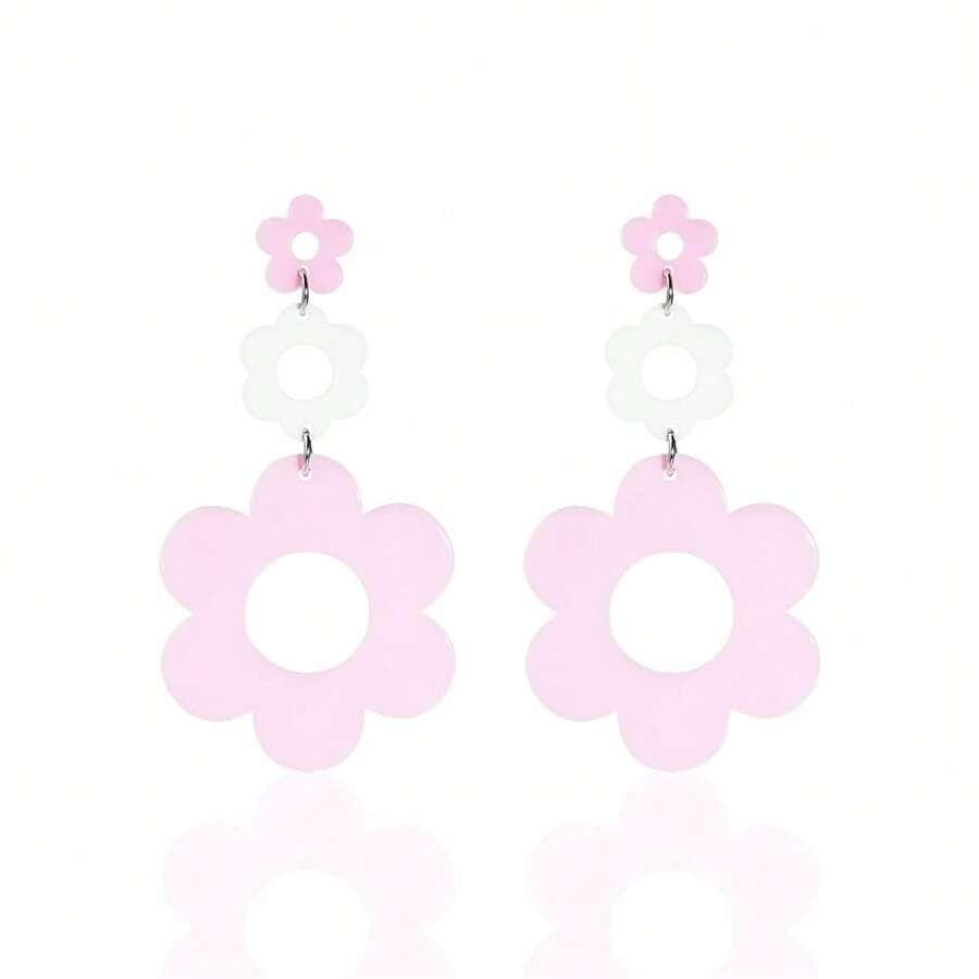 60 70s Big Acrylic Daisy Flower Petal Drop Dangle Earrings Stud Resin Floral For Women Cfboyolorful Summer Y2k Holiday Jewelry{"Color_name":"Pink"} - Hồng - Xem 1