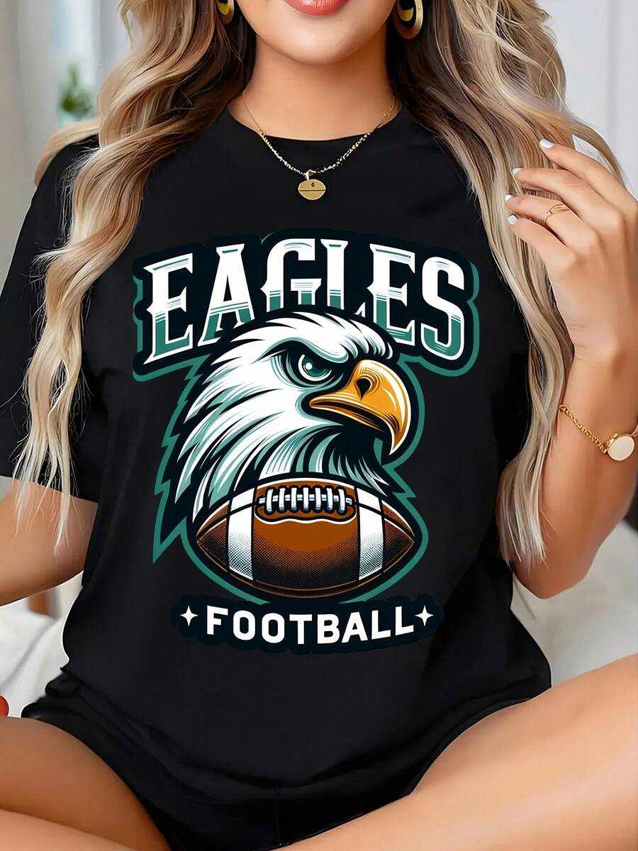 Eagles Football Team Spirit Graphic Shirt For Women And Girls, Perfect For Game Day And Sports Fan Events - 黑色 - 查看 1