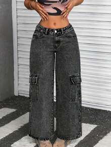 Calça Cargo Grafite  Feminina Cintura Alta  Simples    Casual  elegante  Festa    Bolso  Botão  Zíper    Escola  Diário