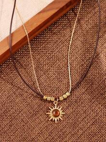 1 pieza Collar con colgante de ojo de tigre vintage, joyería de mujer con capas de colores otoñales/invernales, accesorio retro casual