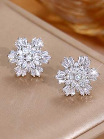 2pcs Snowflake Stud Earrings Women Men Flower Zirconia Earrings Christmas Accessories New Year Jewelry Gift For Couple Lover Girlfriend