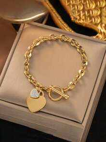 1pc Fashionable Stainless Steel Double Heart Bracelet For Women, Waterproof Jewelry Gift Suitable For Holidays