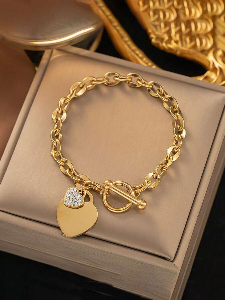 1pc Fashionable Stainless Steel Double Heart Bracelet For Women, Waterproof Jewelry Gift Suitable For Holidays