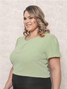 ONLYONE - PLUS SIZE WOMEN'S BLOUSE, SHORT SLEEVE PRINCESS, PLEATES ON THE NECKLINE, LIGHT DUNES - ELEGANT WOMEN'S BLOUSES, LARGE - 橄欖綠 - 查看 5