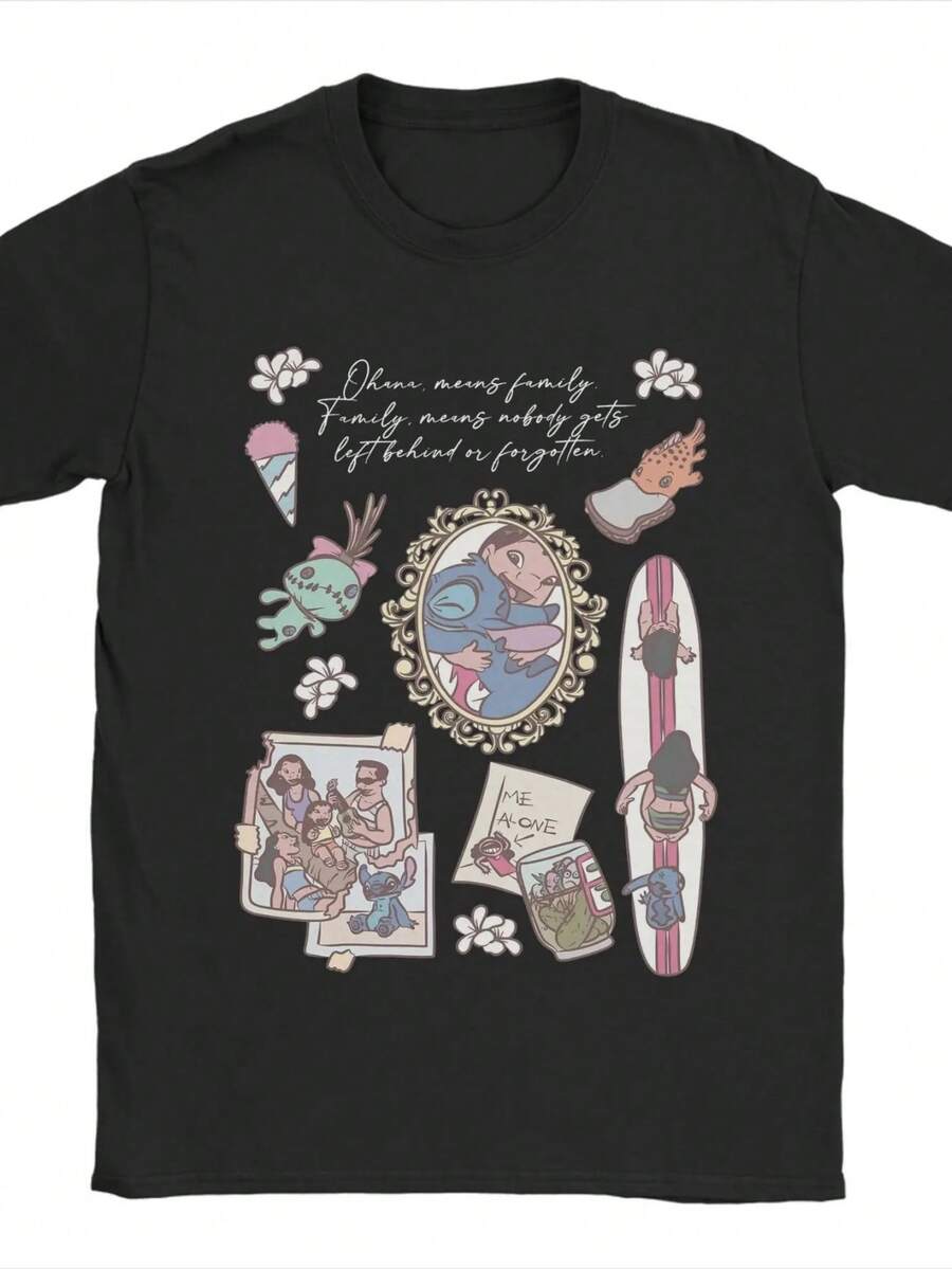 Casual Lilo And Stitch Ohana Family T-Shirt Men Round Collar 100% Cotton T Shirt Short Sleeve Tee Shirt Big Size Clothes - Đen 4 - Xem 1