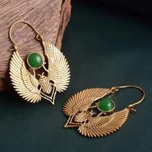 Women's Vintage Egyptian Sacred Wings And Scarab Earrings - Green Beads With Gold KC Plated Bohemian  Jewelry, Ancient Egyptian Inspired Wing Design With Scarab Pattern, Elegant Everyday And Special Occasion Party, Gift, Theme Event Earrings - Luxurious And Durable Women's Earrings, Women's High-Quality Hoop Earrings, Hanging Cute Earrings, Vintage Gold Earrings For Women, Cute Earrings, Long Bead Earrings, Geometric Pendant Earrings, Heavy Women's Earrings,  Style Women's Earrings, Vintage Clip-On Earrings For Women, Extra Long Earrings - Golden - View 3