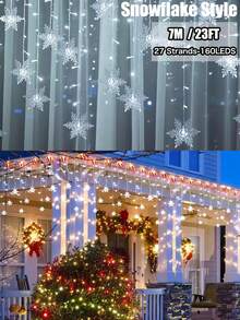 Solar Snowflake Icicle String Lights, 97/160 LED 16/27 Strands Christmas Lights For Indoor/Outdoor, IP65 Waterproof With 8 Modes Eave Lights, Suitable For Christmas, House, Garden, Trees, Yard, Stairs, Roof,Festival ,Party Decorations (Warm White/Multicolor/White)