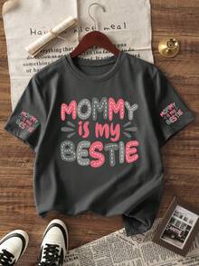 1 Áo thun tay ngắn cổ tròn in họa tiết thường ngày cho bé gái, Trang phục mùa hè cho học sinh - Áo thun phong cách chữ cái tiếng Anh tối giản khơi gợi trí tưởng tượng và thể hiện bản thân - Màu xám đen - Xem 2