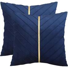 Navy Blue Velvet Throw Pillow Covers 18 X 18 Inch Pack Of 2 With Gold Leather Decor For Couch, Luxury Modern Pillowcases For Living Room, Bedroom Sofa Cushion Bed - 藏蓝色 - 查看 1