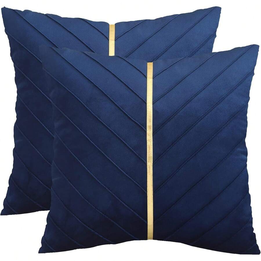 Navy Blue Velvet Throw Pillow Covers 18 X 18 Inch Pack Of 2 With Gold Leather Decor For Couch, Luxury Modern Pillowcases For Living Room, Bedroom Sofa Cushion Bed - 藏蓝色 - 查看 1