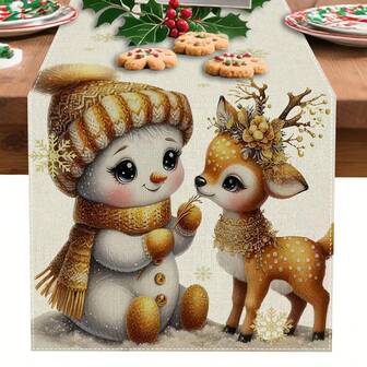 1/108 st. beige och gyllene julbordslöpare med snögubbe, rådjur, renar och tallutskärningar - polyestertyg vinterdekoration för julfest, familjesammankomster, rektangulär bordsdekoration