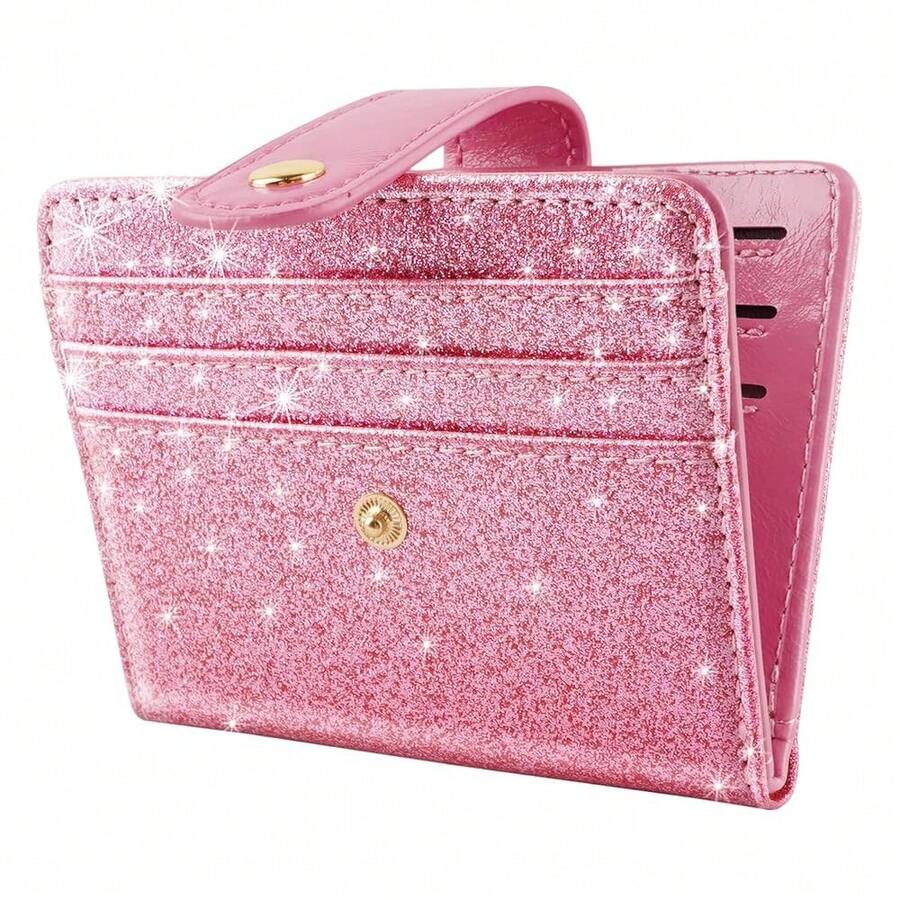 Slim Bifold Wallet RFID Credit Card Wallet Glitter Leather Small Cute Card Holder For Women, Pink{"Color_name":"GlitterPink"} - 多色5 - 查看 1