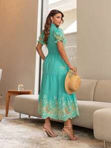 Vestido midi Luxo bordado algodão com gola botao manga curto