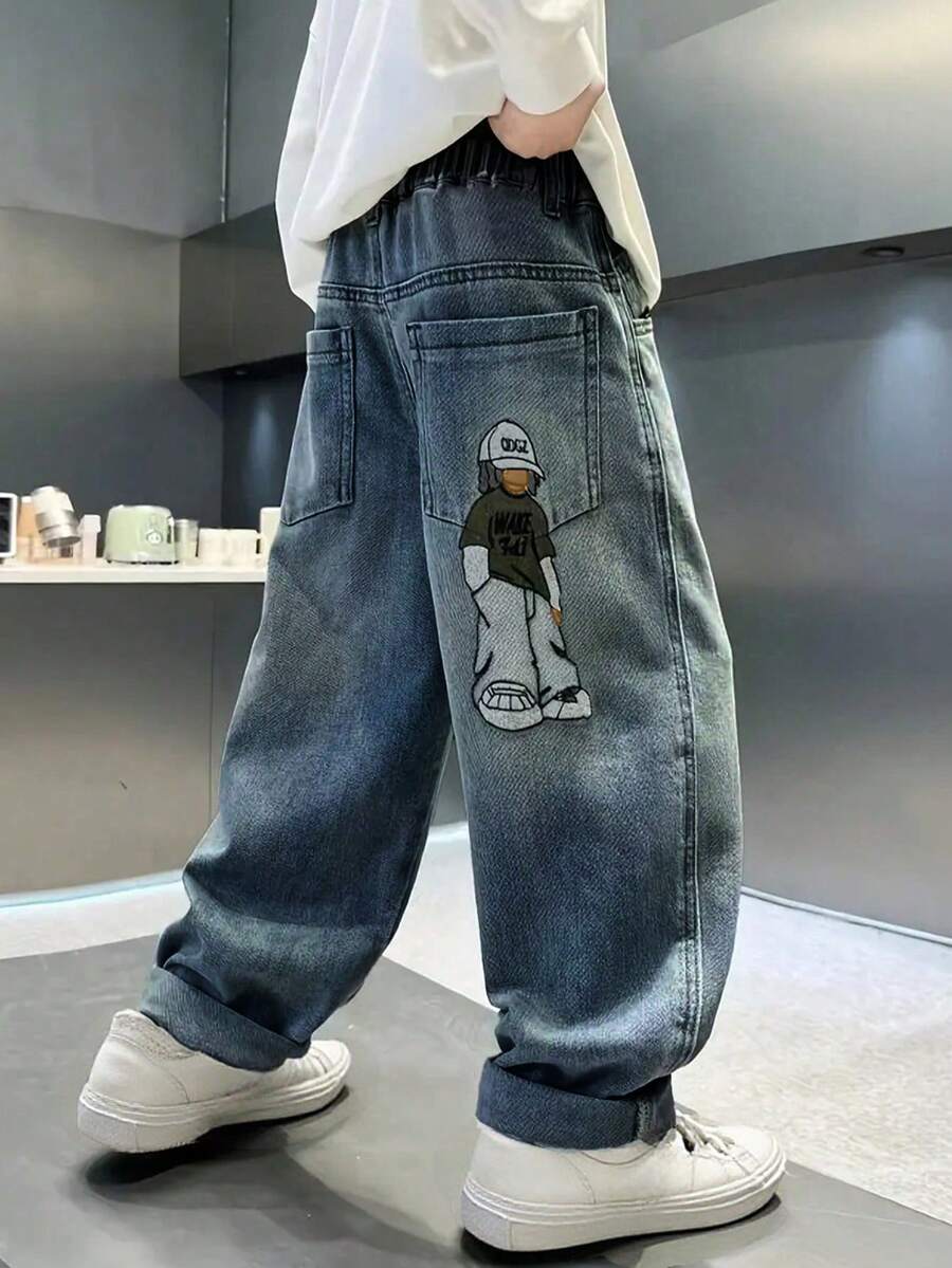 Tween Boy Fashion Cartoon Embroidered Washed Loose Fit Jeans - Dark Wash - View 1