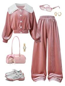 Dwuczęściowy dziewczęcy, słodki i stylowy, różowy kardigan z kordu z białymi klapami, bluzkami z bufiastymi rękawami i szerokimi nogawkami tworzy stylowy, wygodny i elegancki strój, który sprawdzi się nie tylko podczas codziennych spotkań na uczelni, ale także jako prezent dla dziewcząt