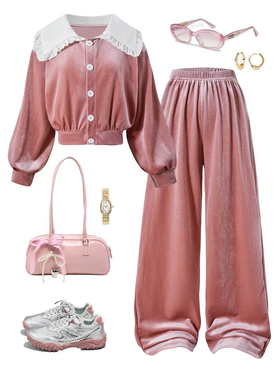 这款两件套女童甜美时尚粉色灯芯绒开衫休闲套装，搭配白色彼得领、泡泡袖上衣和阔腿裤，打造出时尚、舒适又优雅的风格，不仅适合日常校园出行聚会，也是送给女孩的理想礼物。 - 藕粉色 - 查看 1