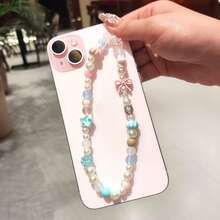 Pink & Blue Beaded Phone Lanyard, Bow Accent Bead Strap, Preppy Aesthetic Wrist Cord For IPhone