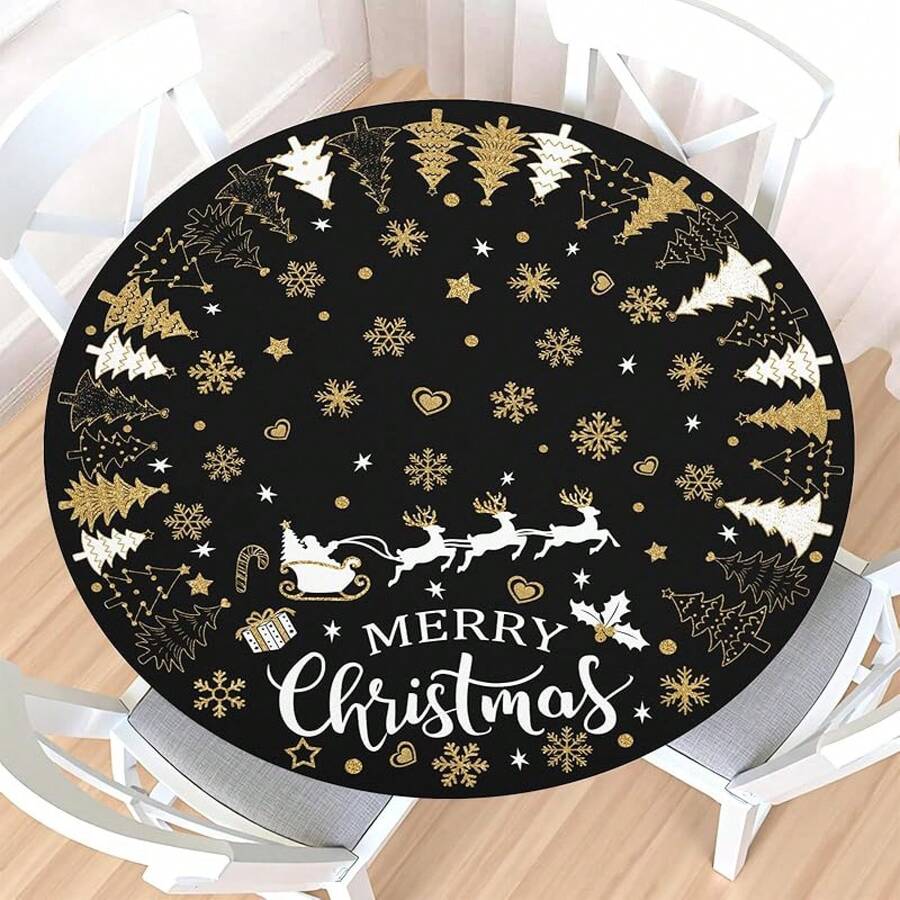 Water-Resistant Round Tablecloth With Elastic Edge For 40-44" Tables - Gift-black Gold - View 1
