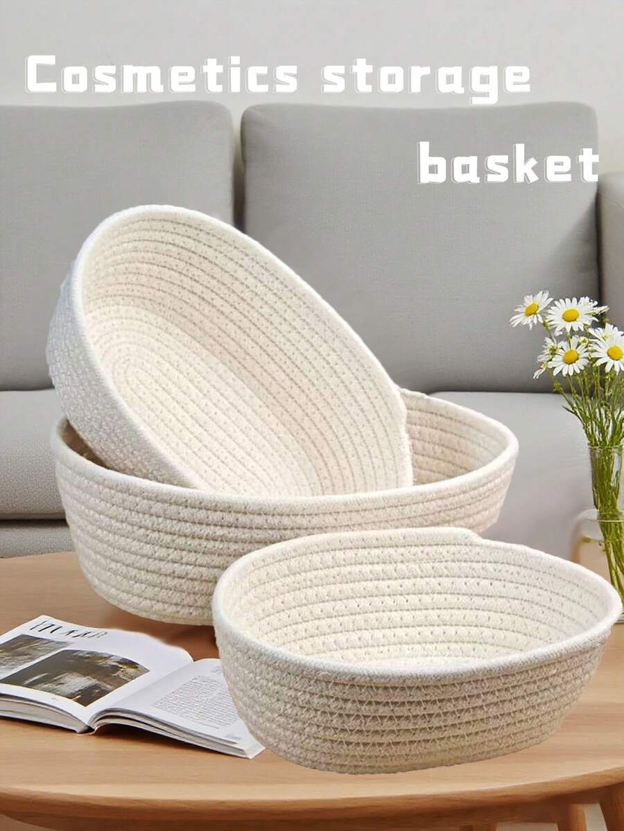 1Set/3Pcs Pink Rope Woven Storage Basket, Simple Home Decoration, Open Storage Basket, Suitable For Family Bedrooms, Living Rooms, Cosmetics, Snacks, Toys, Miscellaneous Items, Classified Storage, Can Be Used As Holiday Gifts, Suitable As Children's Gifts For Valentine's Day Decoration - White - View 1