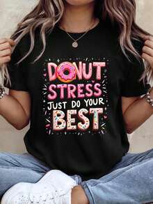 Donut Do Your Best Testing Day Cute Girls Test Day Groovy T-Shirt Print T-Shirt Casual Crew Neck Short Sleeve Comfort Tee Top For Spring & Summer Women's Clothing - 黑色 - 查看 1