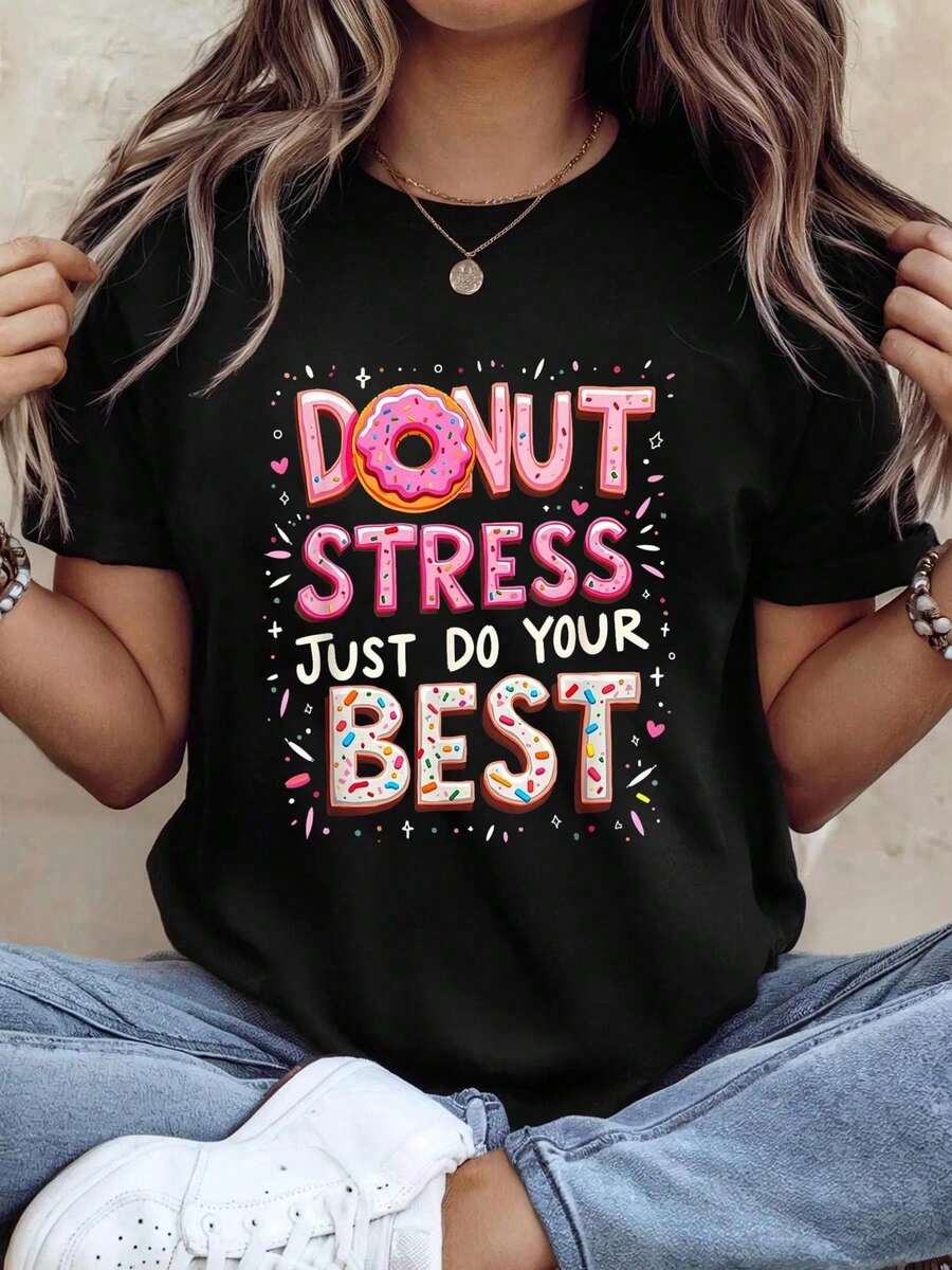 Donut Do Your Best Testing Day Cute Girls Test Day Groovy T-Shirt Print T-Shirt Casual Crew Neck Short Sleeve Comfort Tee Top For Spring & Summer Women's Clothing - 黑色 - 查看 1