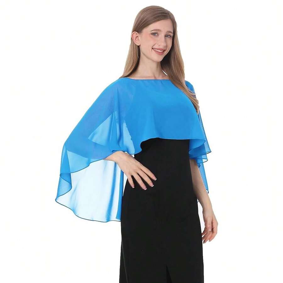 Baoqiya Women's Capelet Shawls And Wraps For Evening Dresses Soft Bridesmaid Shawl Chiffon Cape Wedding Cover Up{"Color_name":"Blue"} - 藍色的 - 查看 1