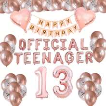 Rose Gold Themed 13th Birthday Party Drations With OFFICIAL TEENAGER Party Balloons HAPPY BIRTHDAY Banner For 13 Years Old Girls Birthday Party Supplies