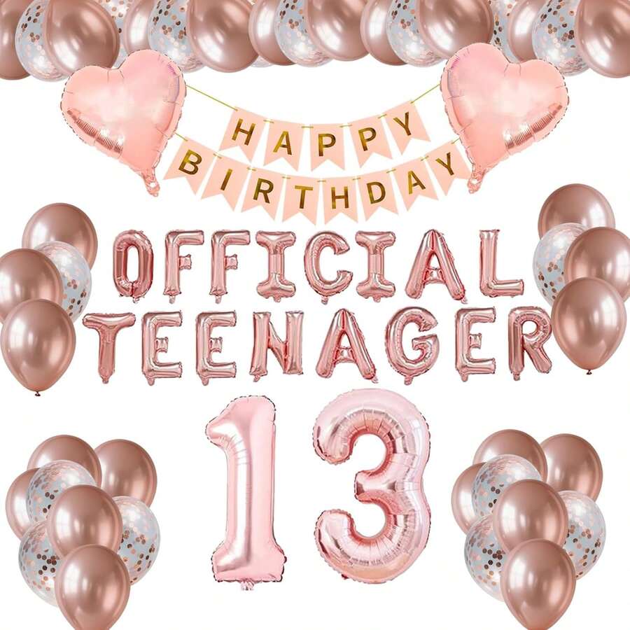 Rose Gold Themed 13th Birthday Party Drations With OFFICIAL TEENAGER Party Balloons HAPPY BIRTHDAY Banner For 13 Years Old Girls Birthday Party Supplies