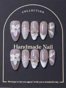 10件套按压式指甲，杏仁形指甲套，手绘法式3D立体雕刻图案，珍珠和钻石镶嵌。奢华纯手工装饰指甲。充满个性的Y2K风格。优雅大气。适合女士和女孩佩戴。 - 彩色 - 查看 1