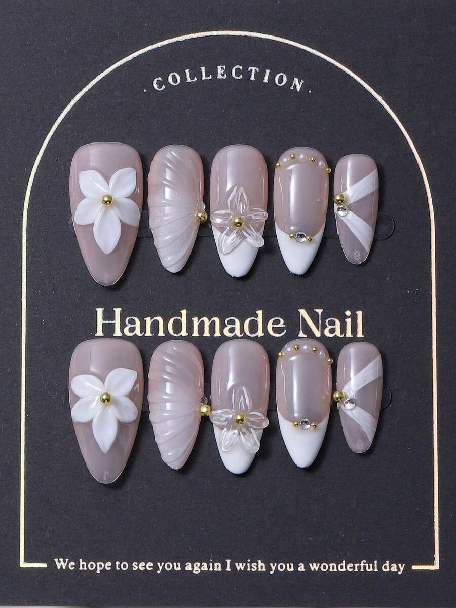 10件套按压式指甲，杏仁形指甲套，手绘法式3D立体雕刻图案，珍珠和钻石镶嵌。奢华纯手工装饰指甲。充满个性的Y2K风格。优雅大气。适合女士和女孩佩戴。 - 彩色 - 查看 1