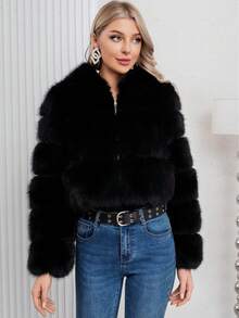 Elegant Women Black Fashion Warm Faux Fur Hooded Regular Length Long Sleeve Regular Sleeve Coat For Winter Christmas And New Year Vacation - Black - View 8