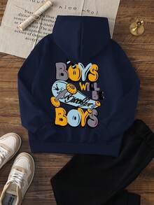 1pc Tween Boys' Casual Printed Pullover Sweatshirt, Warm Thermal Lined, Colorful & Fun Design To Inspire Young Imagination, Autumn/Winter - Navy Blue - View 4