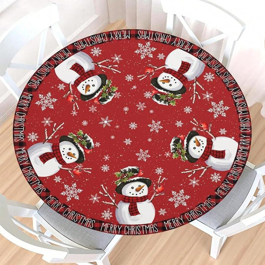 Water-Resistant Round Tablecloth With Elastic Edge For 40-44" Tables - 禮物雪人格子 - 查看 1