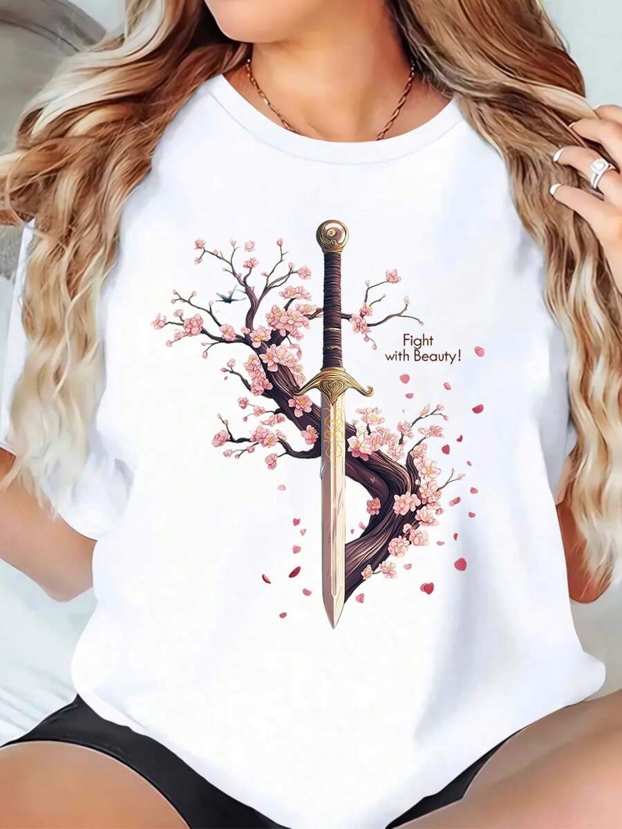 Fight With Beauty Sword And Cherry Blossom Graphic T-Shirt For Women - Elegant Floral Design, Casual Summer Top, Perfect Gift For Valentine's Day, Mother's Day, Or Birthday,220g - 白色 - 查看 1