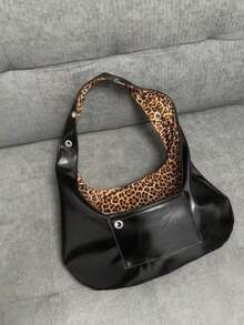 返校猎豹印花托特包，大容量学生单肩包，可翻转腋下包，适合大学生 - 黑色 - 查看 5