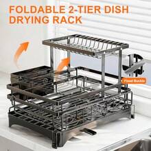 Expandable 2in1 Dish Drying Rack 2Tier Dish Rack With 360° Rotating Drainer Board Carbon Steel Dish Drainerwith Cutlery Utensil Rack And Holders For Kitchen Storage And Organisation