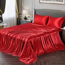 Silky Soft Pink Twin XL Satin Bed Sheets Set, 1 Deep Pocket Fitted Sheet + 1 Flat Sheet + 1 Pillowcase,  In 2025 - 紅色 - 查看 9