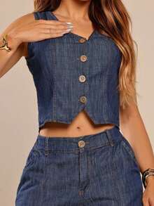 Women's Plus Size And Slim Cropped Jeans Vest - 藍色 - 查看 8