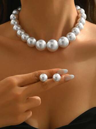 [Pearl Jewelry Set For Women] 3pcs Faux Pearl Jewelry Set - Women's Necklace, Bracelet, Earring For Daily Party Wear And Valentine's Day Gifts