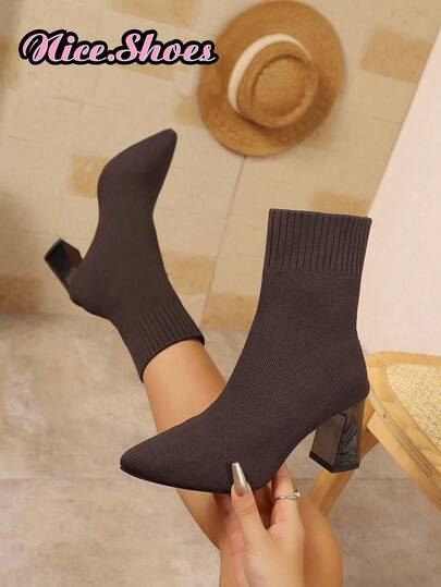 Damskie botki na grubym obcasie i szpiczastym nosku z 2025 roku, elastyczne, dopasowane botki, botki skarpetkowe, krótkie botki na wysokim obcasie, czarne, ciepłe buty z paskiem, botki na wysokim obcasie do połowy łydki, wygodne, modne buty na wysokim obcasie ze szpiczastym noskiem, eleganckie botki na co dzień, czarne botki, czerwone botki, brązowe botki, botki w kolorze kawy
